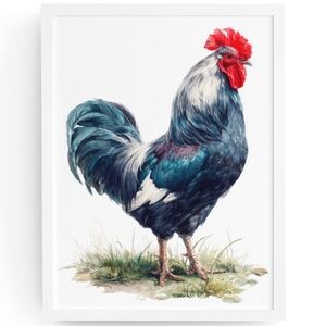 Watercolor Blue Rooster Portrait Wall Art Print Poster Unframed - Bird Artwork